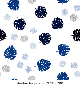 Dark BLUE vector seamless natural background with flowers, leaves. Modern abstract illustration with leaves and flowers. Pattern for trendy fabric, wallpapers.