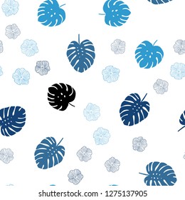 Dark BLUE vector seamless natural pattern with flowers, leaves. Shining colored illustration with leaves and flowers. Pattern for design of fabric, wallpapers.