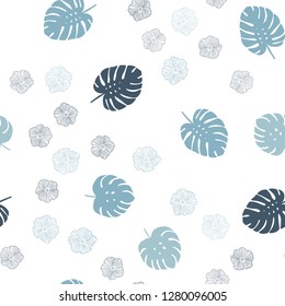 Dark BLUE vector seamless natural backdrop with flowers, leaves. Colorful abstract illustration with leaves in doodle style. Design for textile, fabric, wallpapers.