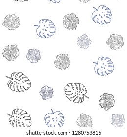 Dark BLUE vector seamless natural background with flowers, leaves. Abstract illustration with leaves, flowers in doodles style. Texture for window blinds, curtains.