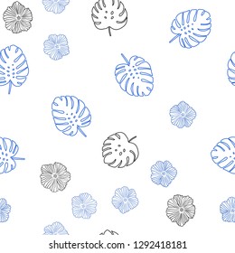 Dark BLUE vector seamless natural backdrop with flowers, leaves. Leaves, flowers in natural style on white background. Design for textile, fabric, wallpapers.