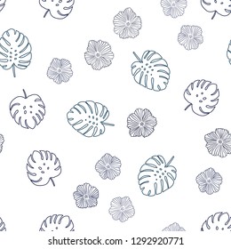 Dark BLUE vector seamless natural artwork with flowers, leaves. Leaves and flowers with gradient on white background. Texture for window blinds, curtains.