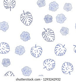 Dark BLUE vector seamless natural pattern with flowers, leaves. Modern abstract illustration with leaves and flowers. Pattern for design of fabric, wallpapers.