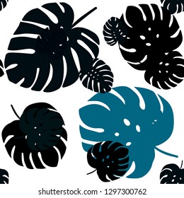 Dark BLUE vector seamless natural backdrop with leaves. Glitter abstract illustration with doodles and leaves. Design for textile, fabric, wallpapers.
