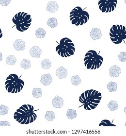 Dark BLUE vector seamless natural backdrop with flowers, leaves. Leaves and flowers with gradient on white background. Pattern for trendy fabric, wallpapers.