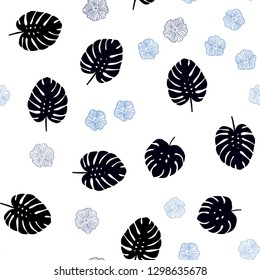 Dark BLUE vector seamless natural artwork with flowers, leaves. Leaves and flowers with gradient on white background. Template for business cards, websites.