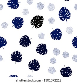 Dark BLUE vector seamless natural backdrop with flowers, leaves. Modern abstract illustration with leaves and flowers. Texture for window blinds, curtains.