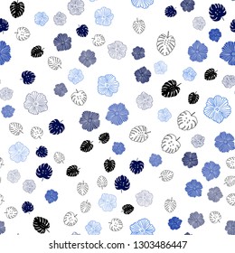 Dark BLUE vector seamless natural artwork with leaves, flowers. Brand new colored illustration with leaves and flowers. Texture for window blinds, curtains.