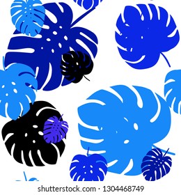 Dark BLUE vector seamless natural backdrop with leaves. Shining colored illustration with leaves in doodle style. Texture for window blinds, curtains.