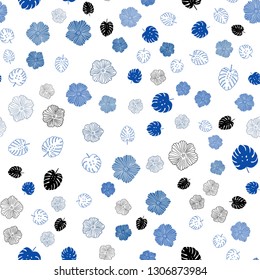 Dark BLUE vector seamless natural backdrop with leaves, flowers. Glitter abstract illustration with leaves and flowers. Pattern for design of fabric, wallpapers.