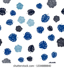Dark BLUE vector seamless natural pattern with flowers, leaves. Glitter abstract illustration with leaves and flowers. Pattern for trendy fabric, wallpapers.