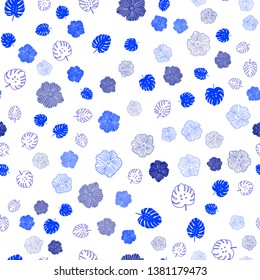 Dark BLUE vector seamless natural pattern with leaves, flowers. Leaves, flowers in natural style on white background. Texture for window blinds, curtains.