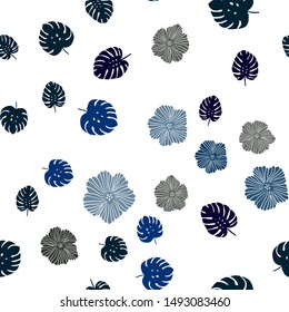 Dark BLUE vector seamless natural backdrop with flowers, leaves. Leaves and flowers with gradient on white background. Texture for window blinds, curtains.