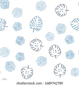 Dark BLUE vector seamless natural background with flowers, leaves. Leaves, flowers in natural style on white background. Design for wallpaper, fabric makers.