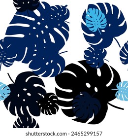Dark BLUE vector seamless natural background with leaves. leaves on blurred abstract background with gradient. Design for textile, fabric, wallpapers.