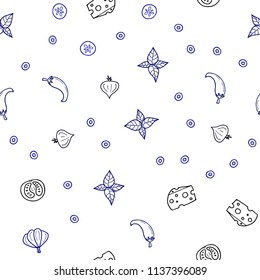 Dark BLUE vector seamless pattern with fresh ingredients. Glitter abstract sketch with gourmet food. Doodle design for your business advert of cafes.