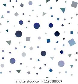 Dark BLUE vector seamless pattern in polygonal style with circles. Illustration with set of colorful circles, triangles, squares. Pattern for design of fabric, wallpapers.
