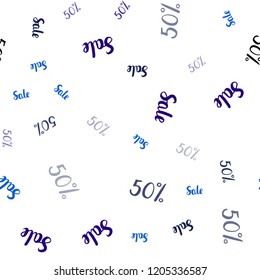 Dark BLUE vector seamless pattern with 50 percentage signs. Colored words of sales with gradient on white background. Template for season sales, shopping ads.