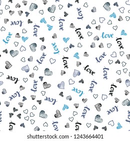 Dark BLUE vector seamless pattern with phrase LOVE YOU, hearts. Illustration with words of love, hearts in abstract style. Design for wallpaper, fabric makers.