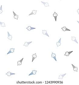 Dark BLUE vector seamless pattern with cold ice-cream. Glitter abstract sketch with ice-cream cones. Pattern for ads of breakfast, lunch, dinner.