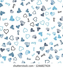 Dark BLUE vector seamless pattern with phrase LOVE YOU, hearts. Illustration with words of love, hearts in abstract style. Design for wallpaper, fabric makers.