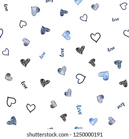 Dark BLUE vector seamless pattern with phrase LOVE YOU, hearts. Design in doodle style with text LOVE YOU, hearts. Pattern for design of fabric, wallpapers.