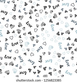 Dark BLUE vector seamless pattern with phrase LOVE YOU, hearts. Illustration with words of love, hearts in abstract style. Template for business cards, websites.