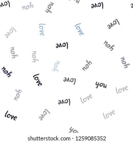 Dark BLUE vector seamless pattern with phrase LOVE YOU. Decorative illustration with words of love in abstract style. Template for business cards, websites.