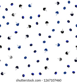 Dark BLUE vector seamless pattern with coffee beans, cups. Colorful illustration with gradient coffee beans, mugs. Pattern for ads of breakfast, lunch, dinner.