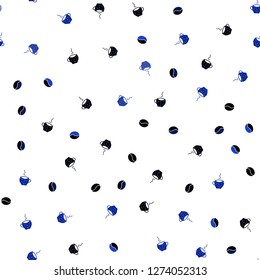 Dark BLUE vector seamless pattern with coffee beans, cups. Gradient illustration with set of mugs, beans. Design for ad, poster, banner of cafes, restaurants.