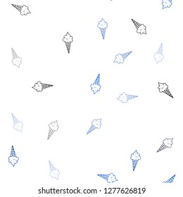 Dark BLUE vector seamless pattern with cold ice-cream. Decorative design of ice-cream cones in doodle style. Pattern for ads of breakfast, lunch, dinner.