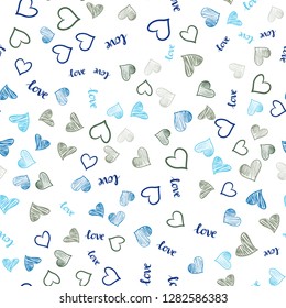 Dark BLUE vector seamless pattern with phrase LOVE YOU, hearts. Illustration with words of love, hearts in abstract style. Design for textile, fabric, wallpapers.