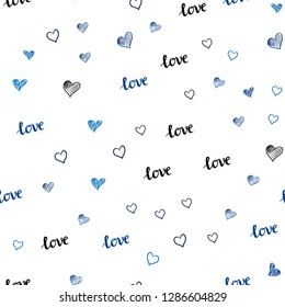 Dark BLUE vector seamless pattern with phrase LOVE YOU, hearts. Illustration with words of love, hearts in abstract style. Design for wallpaper, fabric makers.