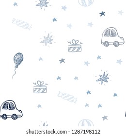 Dark BLUE vector seamless pattern in christmas style. Colorful illustration with a toy car, baloon, candy, star, ball. Pattern for new year ads.