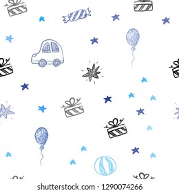 Dark BLUE vector seamless pattern in christmas style. Illustration with a colorful toy car, baloon, candy, star, ball. Design for holiday adverts.