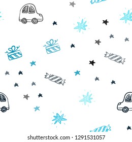 Dark BLUE vector seamless pattern in christmas style. Illustration with a colorful toy car, baloon, candy, star, ball. Design for holiday adverts.