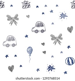 Dark BLUE vector seamless pattern with christmas toys. Abstract illustration with a toy car, heart, baloon, tulip, candy, ball. Design for colorful commercials.