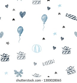 Dark BLUE vector seamless pattern in christmas style. Design in xmas style with aheart, baloon, candy, gift, star, ribbon. Template for new year postcards.