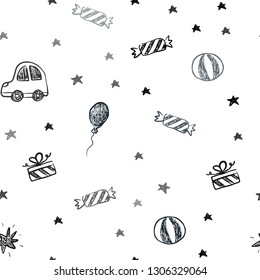 Dark BLUE vector seamless pattern in christmas style. Colorful illustration with a toy car, baloon, candy, star, ball. Template for new year postcards.