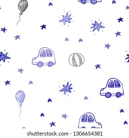Dark BLUE vector seamless pattern in christmas style. Design in xmas style with a toy car, baloon, candy, star, ball. Pattern for carnival, festival ads.