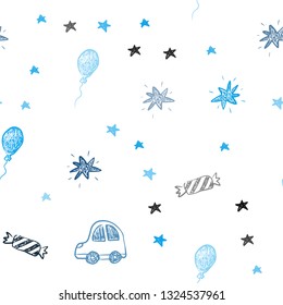 Dark BLUE vector seamless pattern in christmas style. Design in xmas style with a toy car, baloon, candy, star, ball. Template for new year postcards.