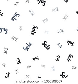Dark BLUE vector seamless pattern with 30, 50, 70 percentage signs. Colored words of sales with gradient on white background. Backdrop for ads, leaflets of Black Friday.