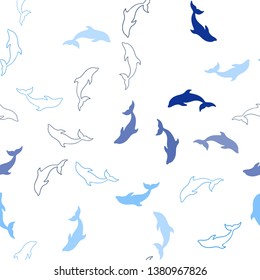 Dark BLUE vector seamless pattern with sea dolphins. Isolated sea dolphins on white background. Pattern for websites of animals.