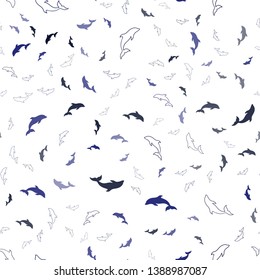 Dark BLUE vector seamless pattern with sea dolphins. Isolated sea dolphins on white background. Template for natural magazines.