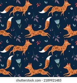 Dark Blue Vector Seamless Pattern with Foxes and Flowers. Drawn Decorative Scandinavian Background