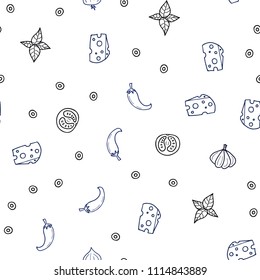 Dark BLUE vector seamless template with organic meal. Glitter abstract sketch with gourmet food. Doodle design for your business advert of cafes.