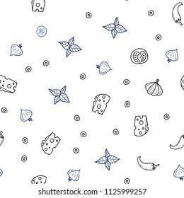 Dark BLUE vector seamless template with organic meal. Blurred decorative design of snacks in doodle style. Pattern for ad, booklets, leaflets of restaurants.