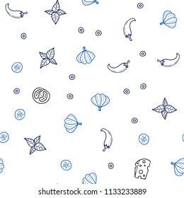 Dark BLUE vector seamless template with organic meal. Illustration with set of fresh food in doodle style. Doodle design for your business advert of cafes.