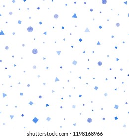 Dark BLUE vector seamless template with crystals, circles, squares. Illustration with set of colorful circles, triangles, squares. Pattern for design of fabric, wallpapers.
