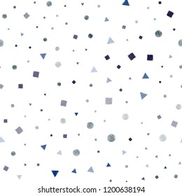 Dark BLUE vector seamless template with crystals, circles, squares. Abstract illustration with colorful dots, lines, cubes. Design for textile, fabric, wallpapers.